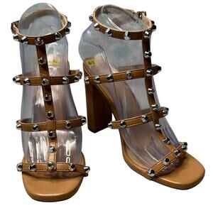 Heart in D Womens 6.5 Caged Chunky Heels Pumps Shoes Brown Studded Ankle Strappy
